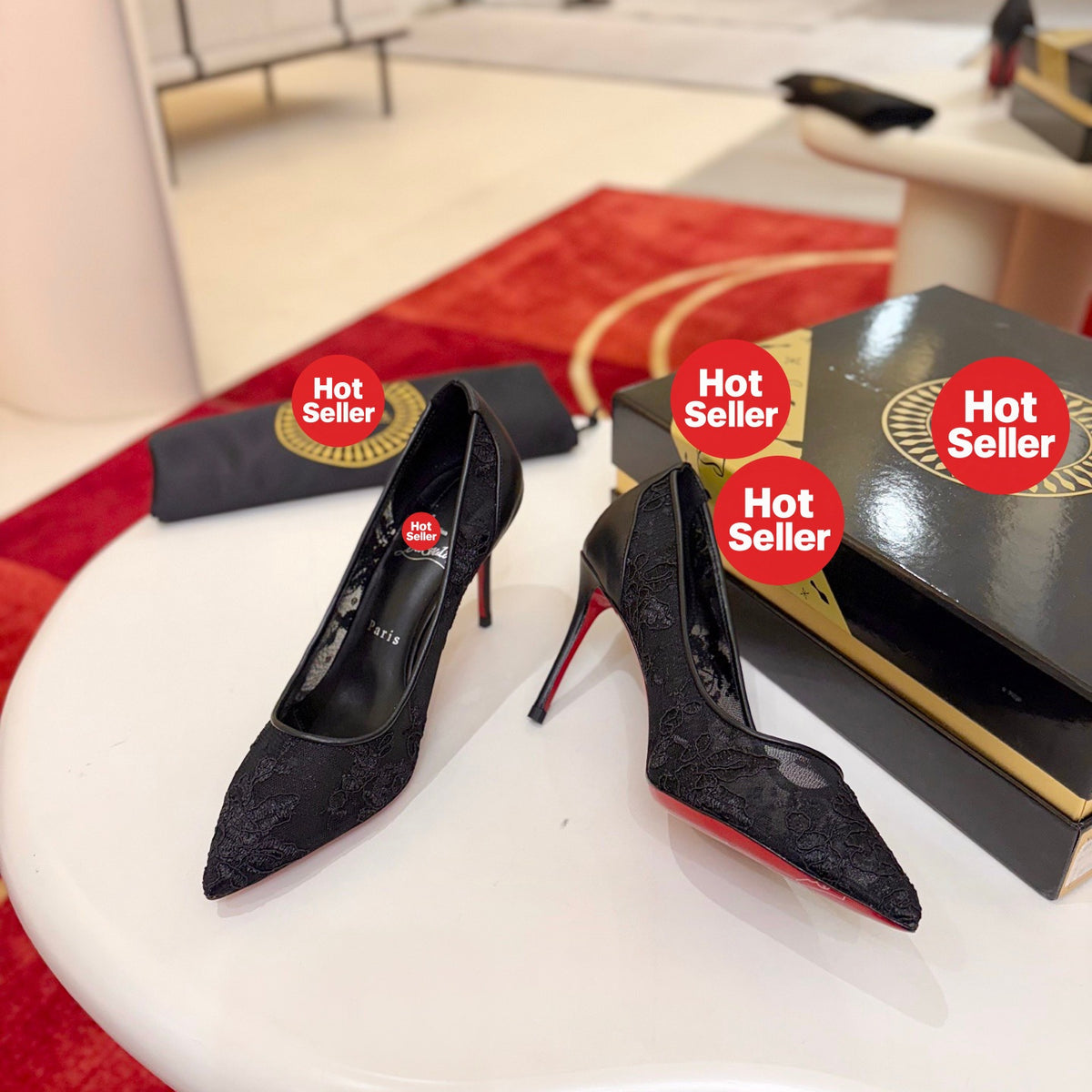 Black lace high heels, 8.5cm heel.
