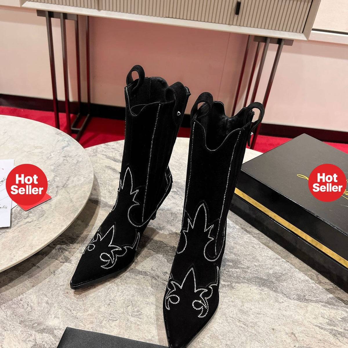 Black suede long boots, 8.5cm stiletto heels.
