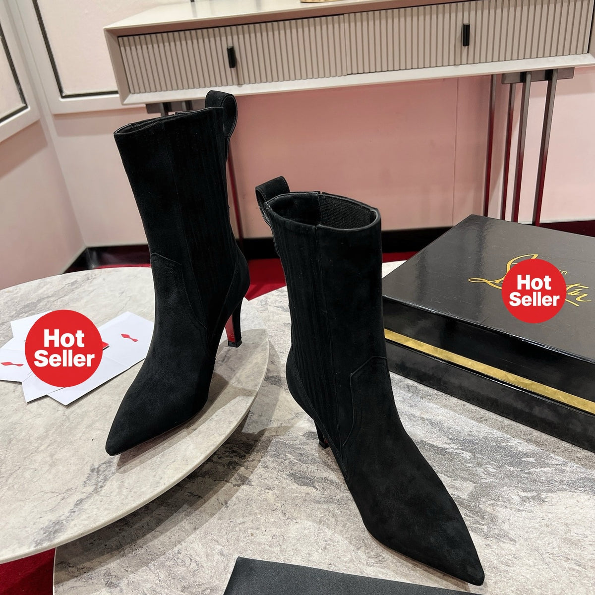 Black sheep suede mid-calf boots, 10cm heel.