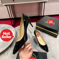 Black patent leather high heels, 8cm heel.