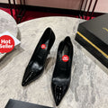Black crinkled patent leather high heels, 10cm heel.