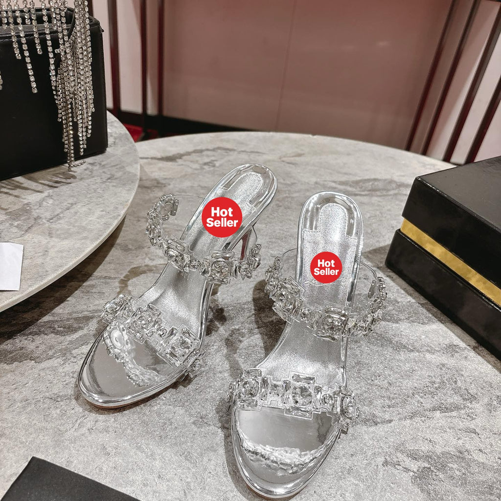 Rhinestone-embellished high-heeled mules, 10cm heel.