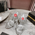 Rhinestone-embellished high-heeled mules, 10cm heel.