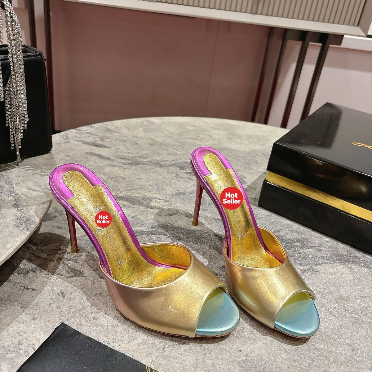 Peep-toe colorful high-heeled mules, 10cm heel.