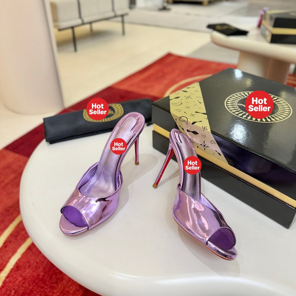 Purple peep-toe high-heeled mules, 10cm heel.