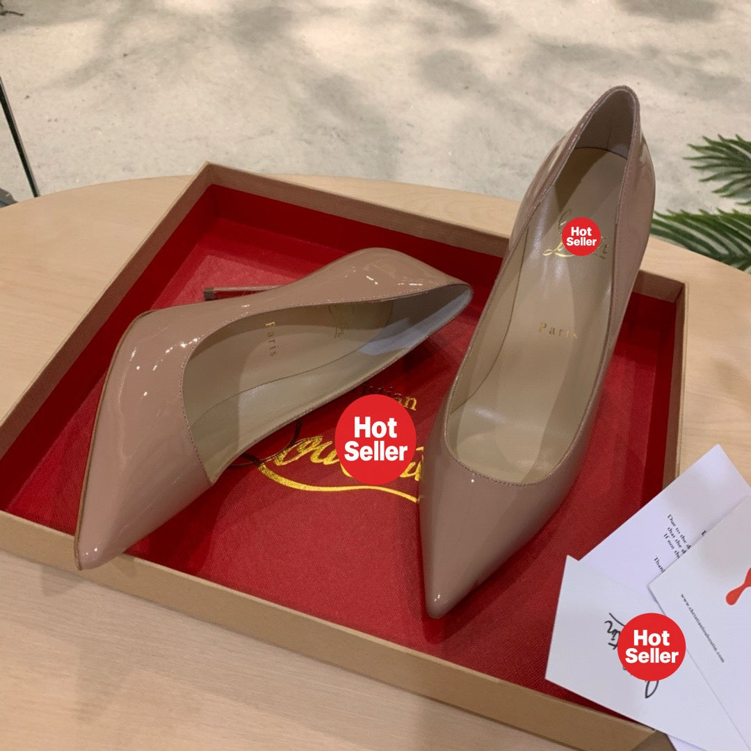 Nude-pink patent cowhide high heels, 10cm heel.