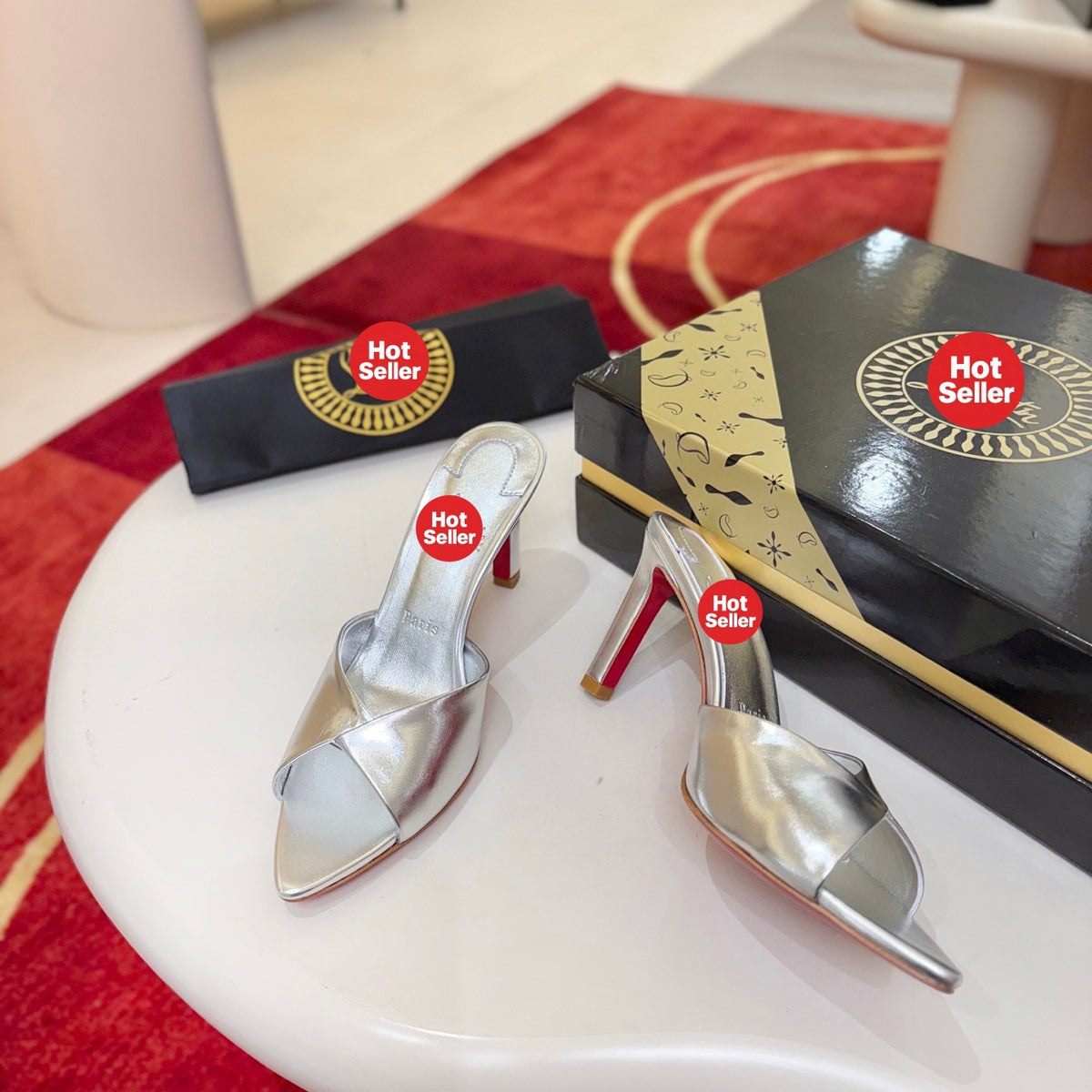 Elegant silver patent leather peep-toe high-heeled mules (8.5cm heel)