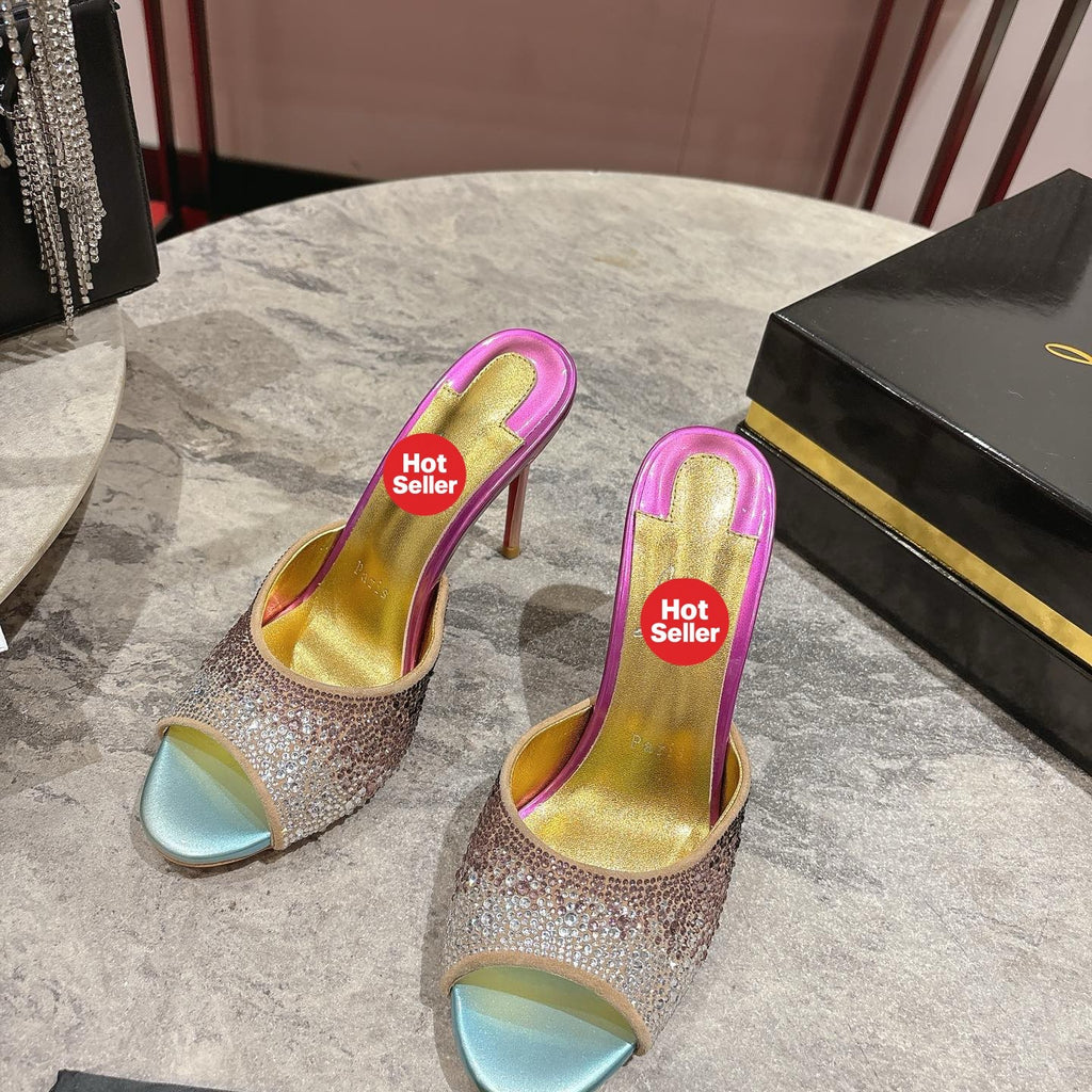 Peep-toe high-heeled slides with colorful rhinestones; 10cm heel.