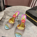 Peep-toe high-heeled slides with colorful rhinestones; 10cm heel.