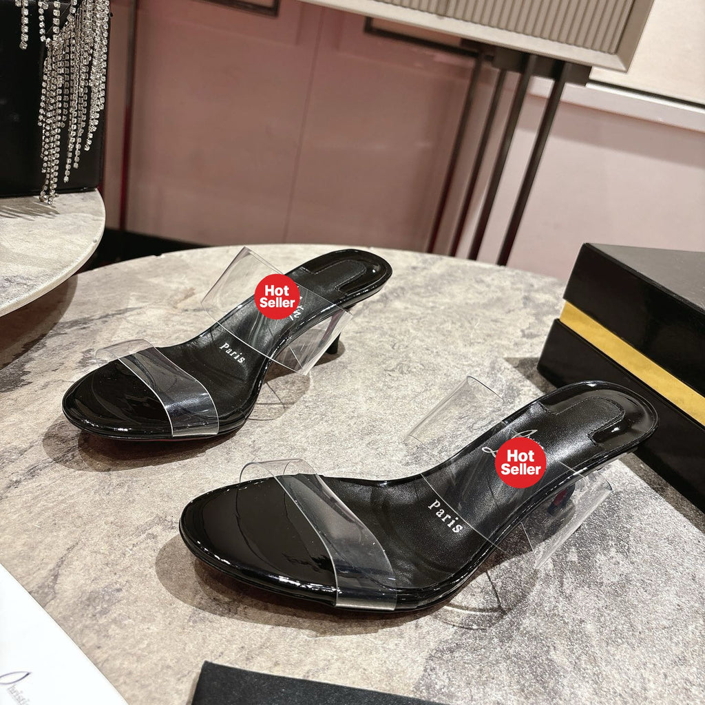 Clear high-heeled mules, 8.5cm heel.