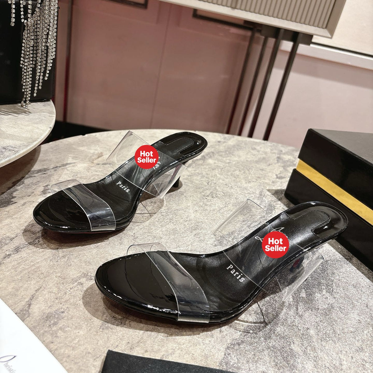 Clear high-heeled mules, 8.5cm heel.