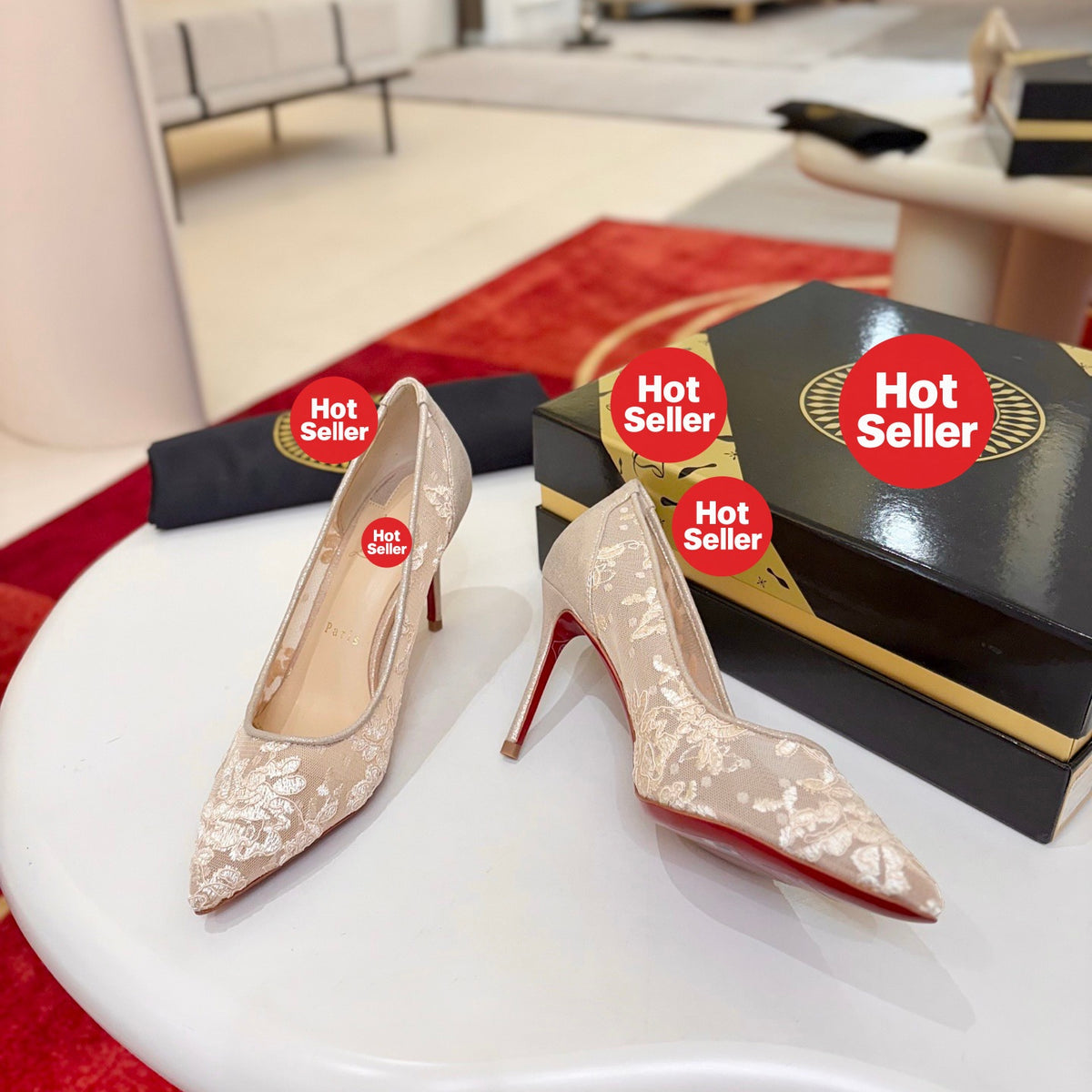 Apricot lace high heels, 8.5cm heel.
