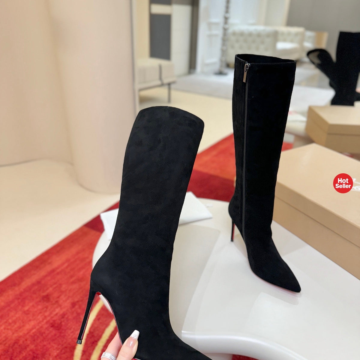 Stylish sheep suede tall boots, 10cm heel.