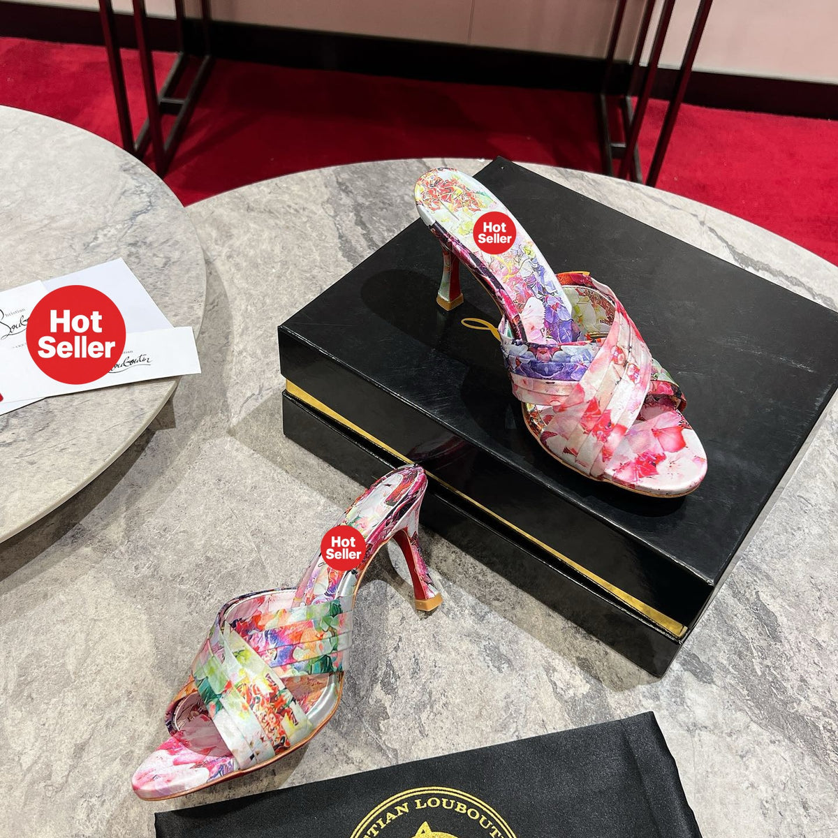 Printed high-heeled mules, 8.5cm heel.