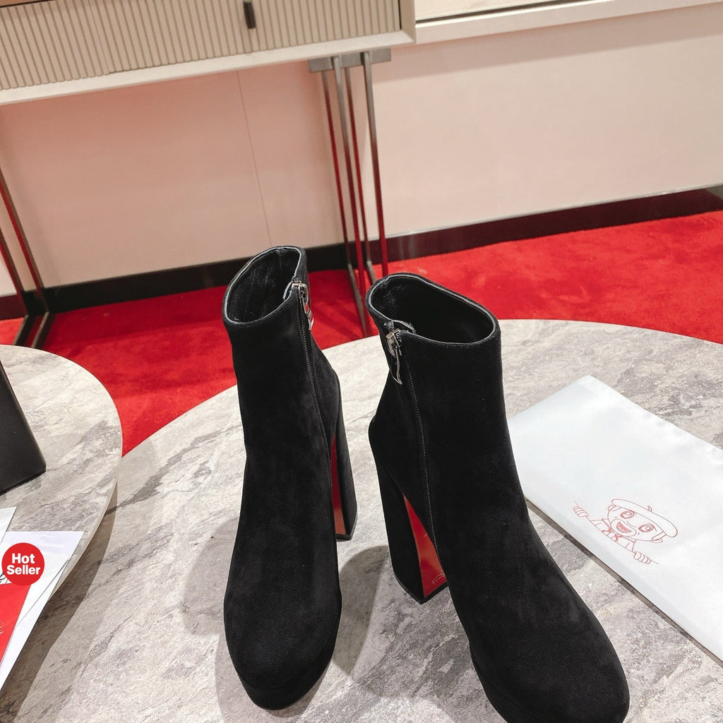 Black suede ankle boots, 13cm heel.
