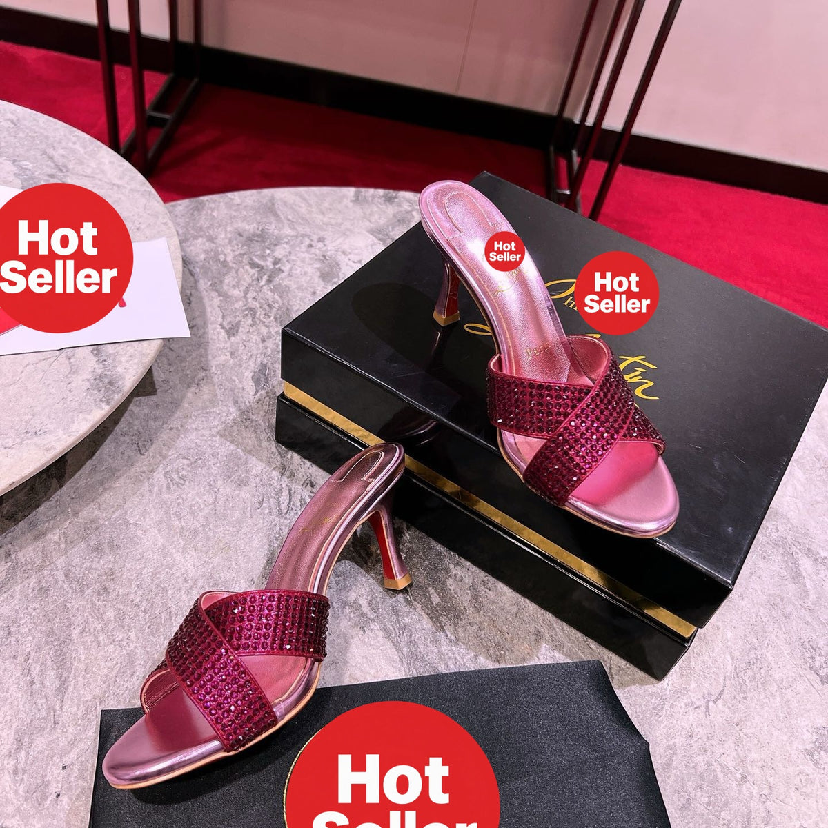 Peep-toe high-heeled slides with diamond embellishment; 8.5cm heel.