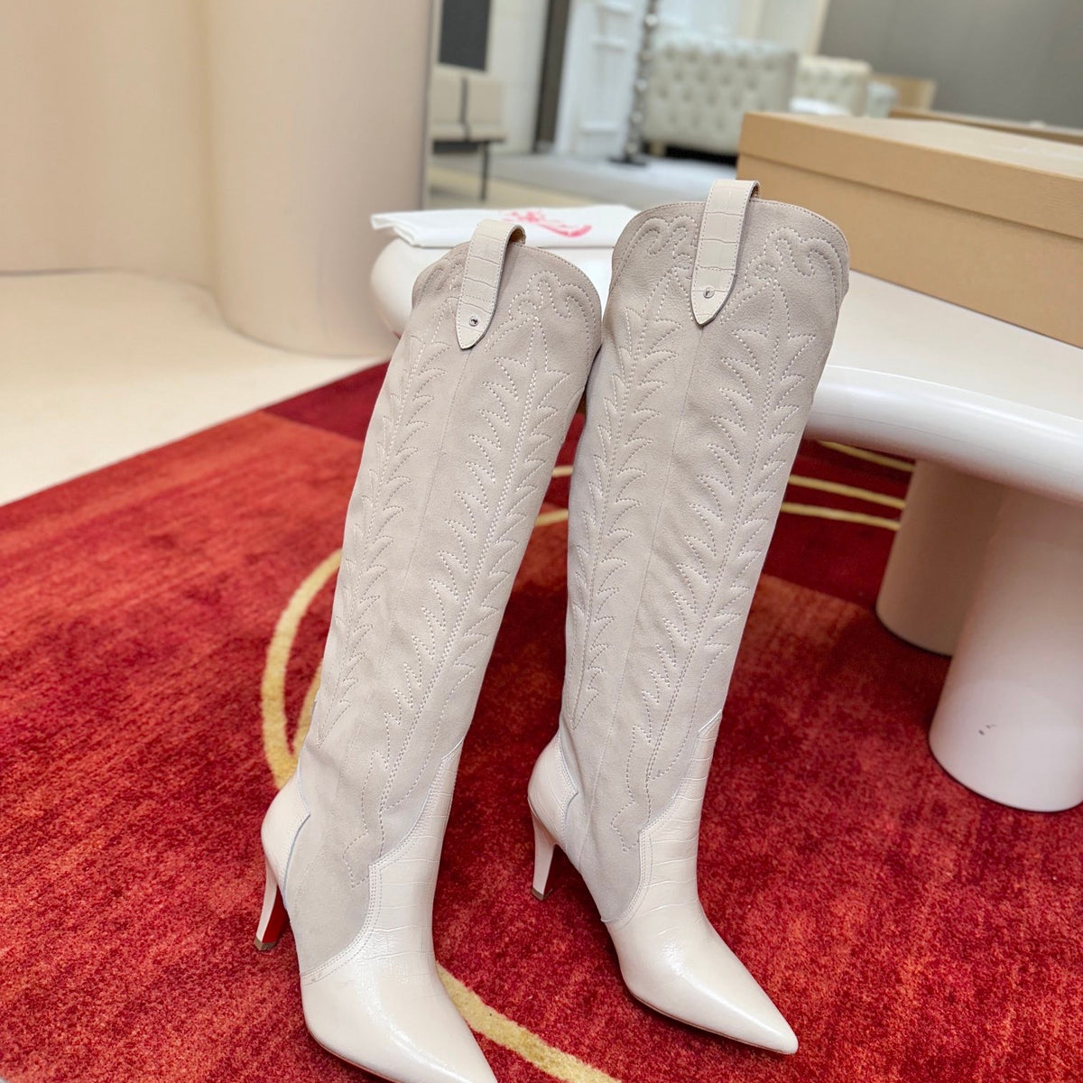 Hand-stitched denim tall boots with 8.5cm heels