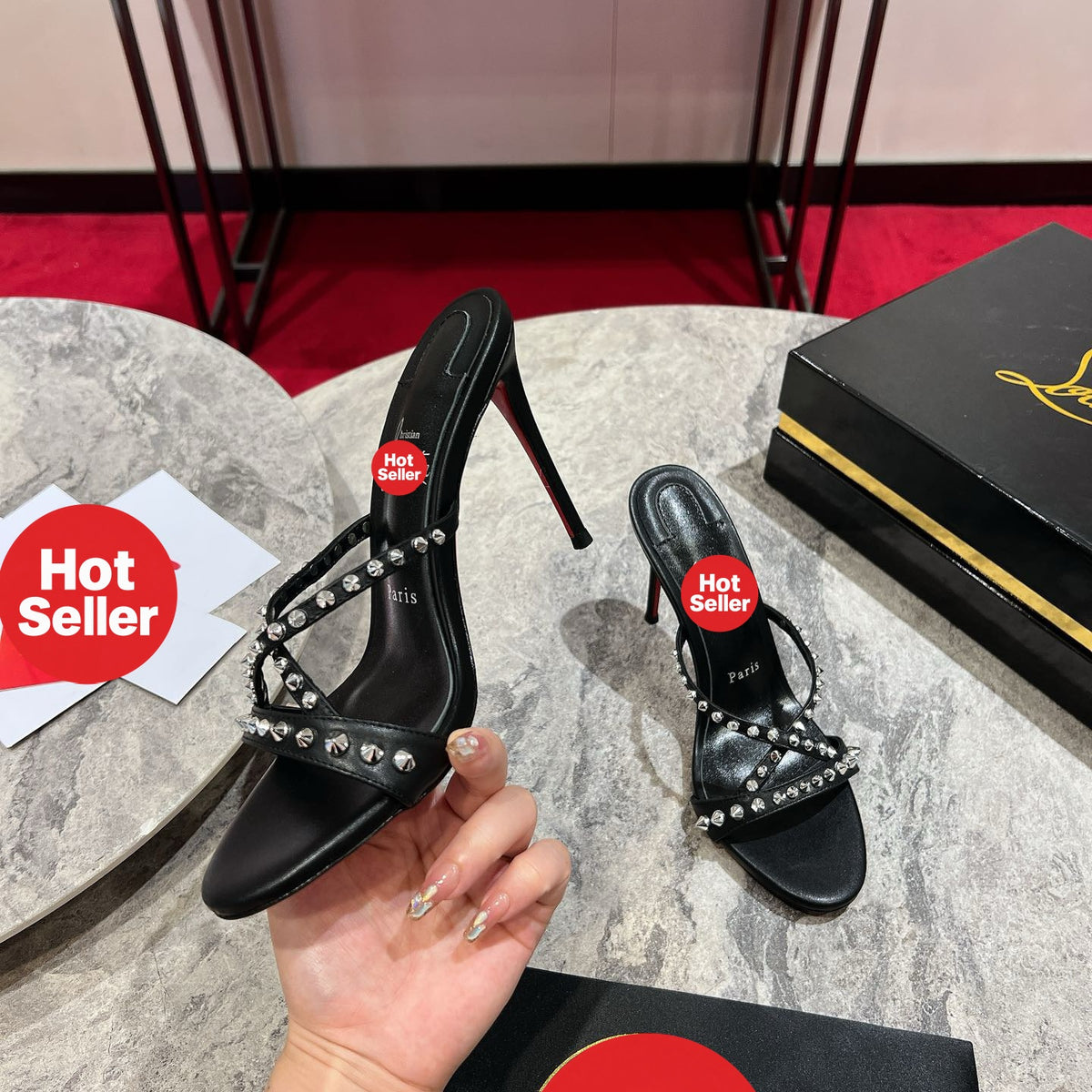 Criss-cross stud high-heeled mules (10cm heel)