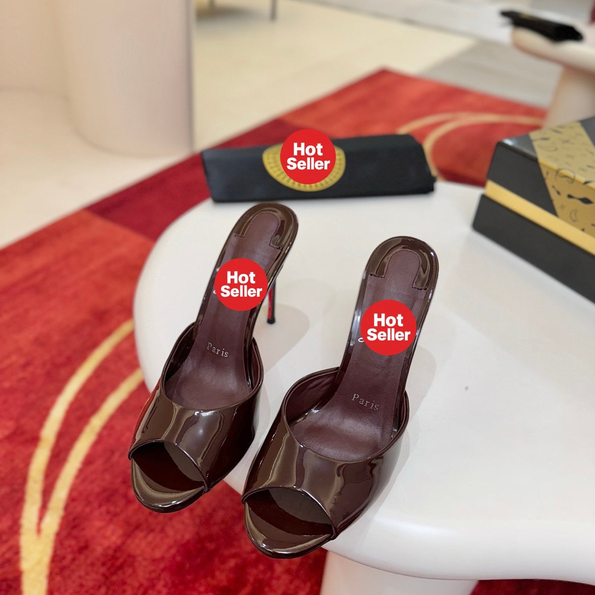 Dark-colored patent leather peep-toe high-heeled mules (10cm heel)