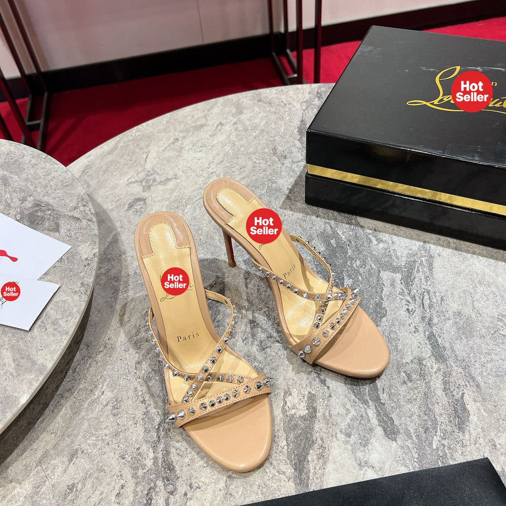 Crisscross-strap studded high-heeled mules (10cm heel)