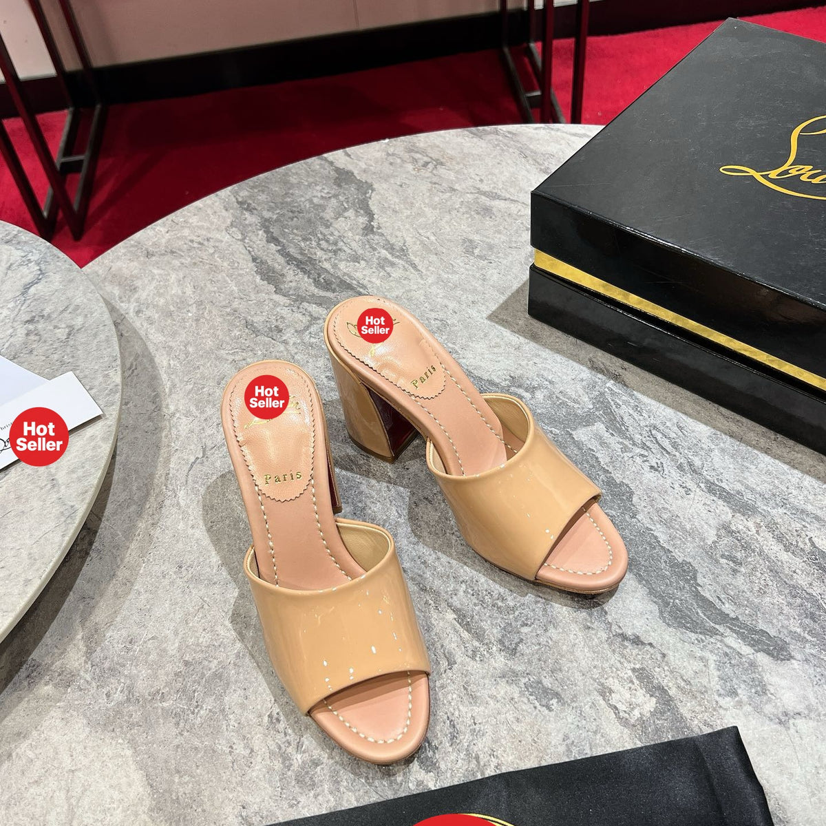 Apricot patent leather block-heel mules (8.5cm heel)