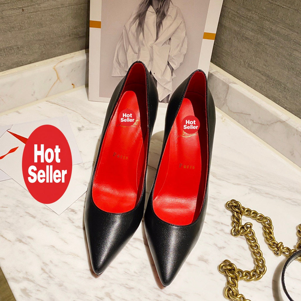 Black leather high heels, 12cm heel.