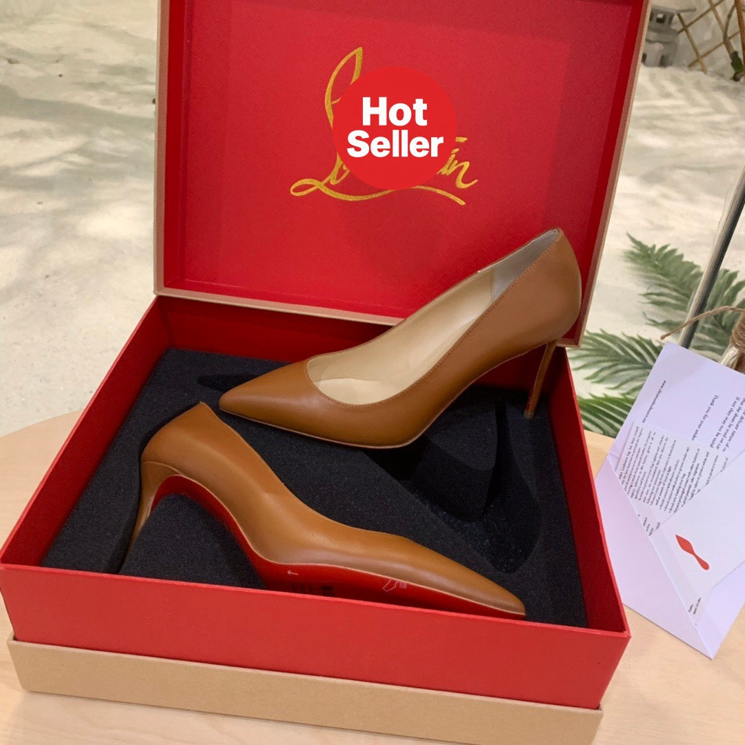 Brown leather high heels, 8.5cm heel.