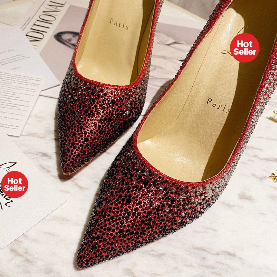 Bright red fully rhinestone-encrusted high heels, 10cm heel.