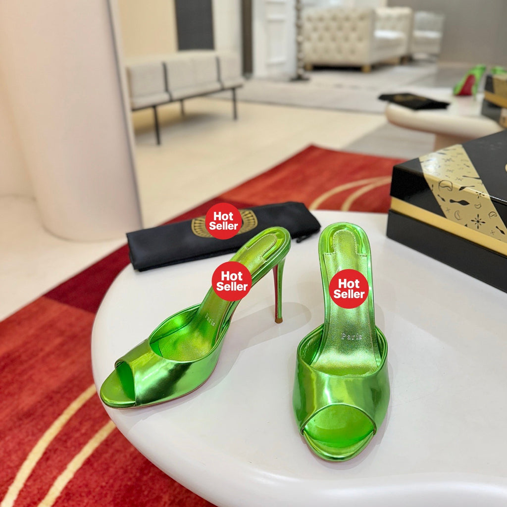 Green peep-toe high-heeled mules, 10cm heel.