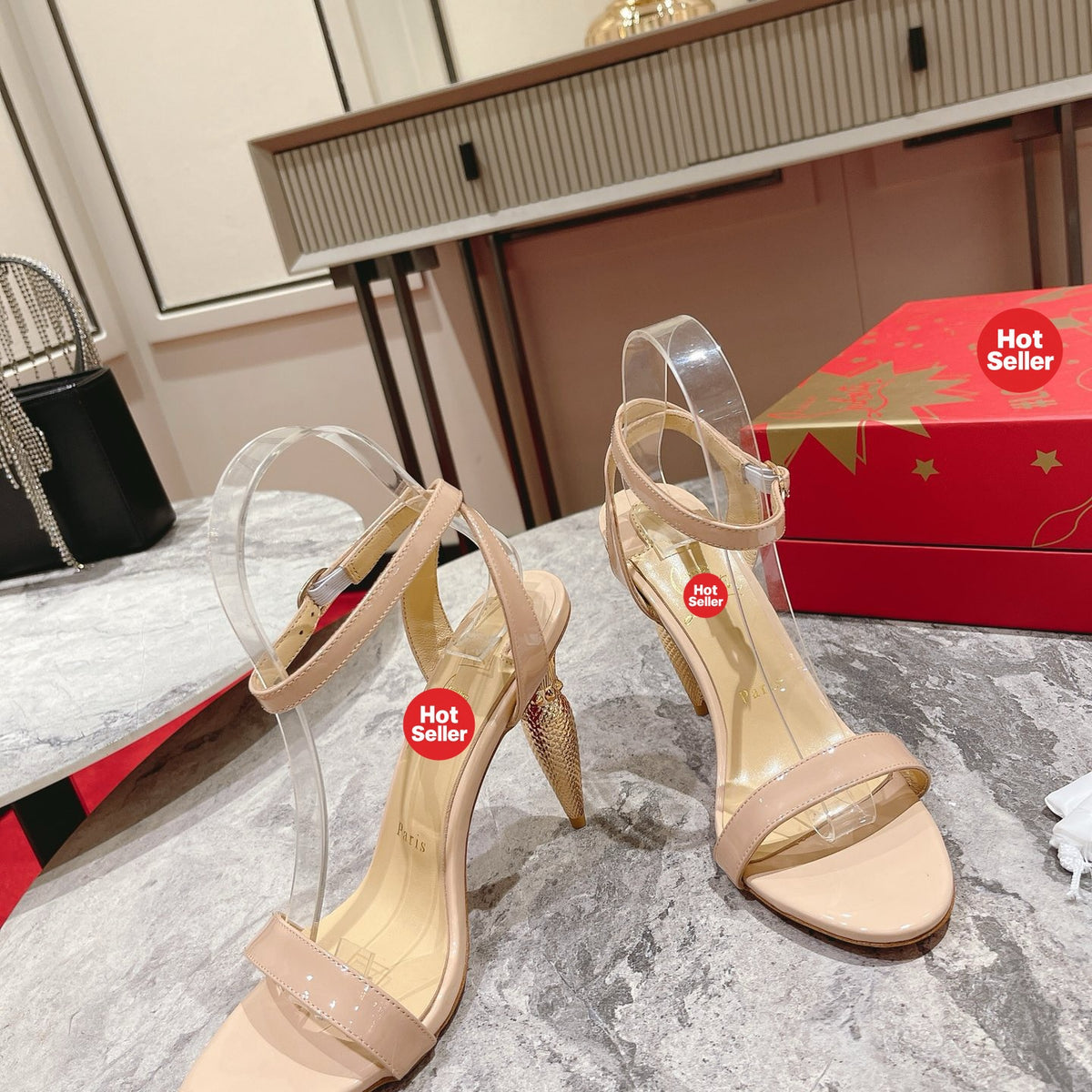 Apricot leather high heels, 10cm heel.