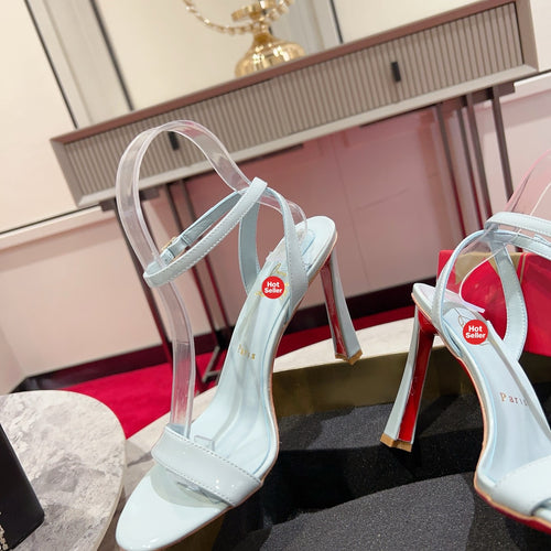Banana and blue patent leather high heels; 10cm heel.