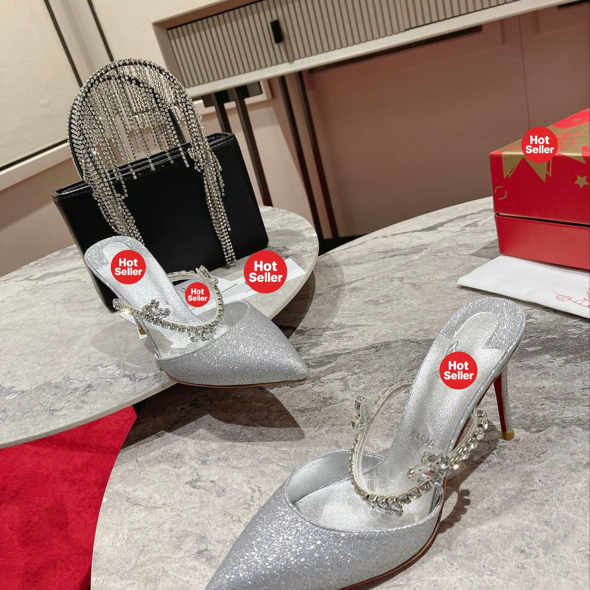 Silver chain high-heeled mules