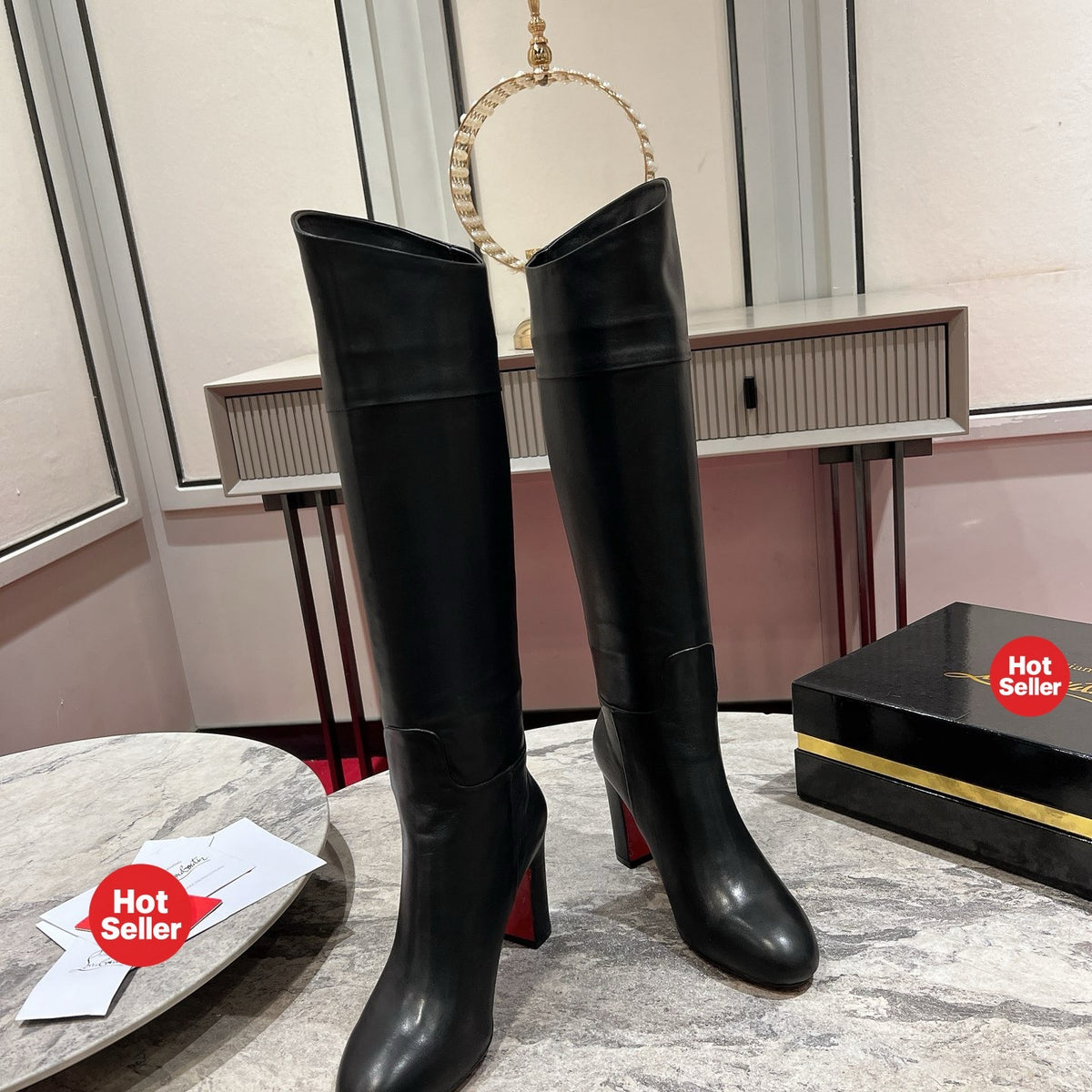 Black leather tall boots, 8.5cm heel.