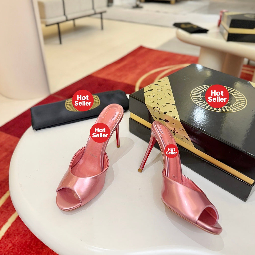 Peep-toe high-heeled mules, 10cm heel.