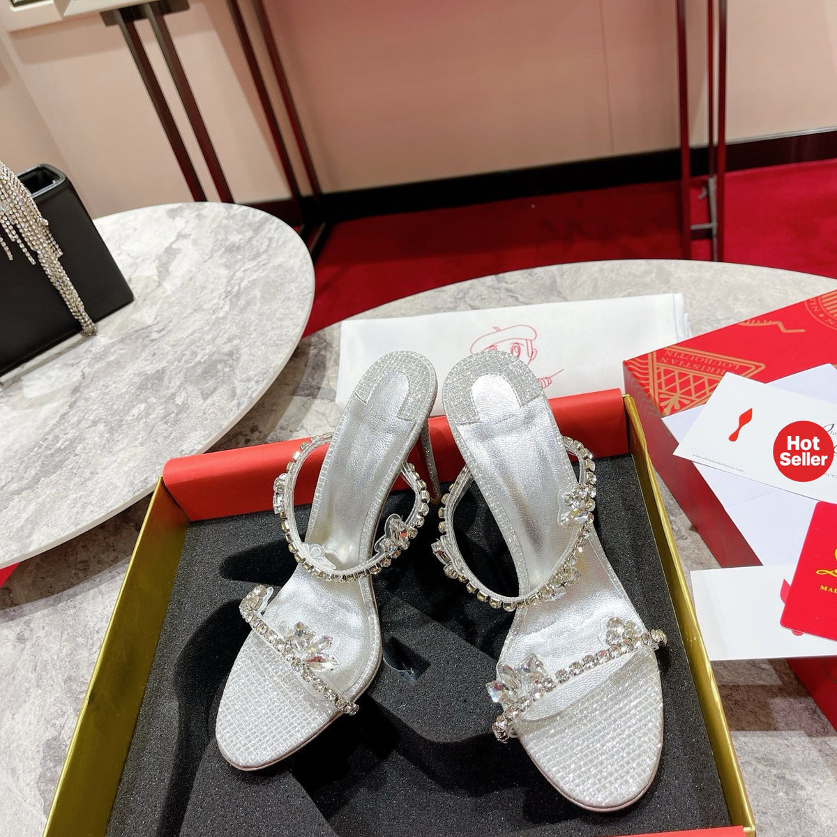 Crystal single-strap sandals, 10cm heel.