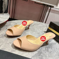 Apricot patent cowhide high-heeled mules, 8.5cm heel.