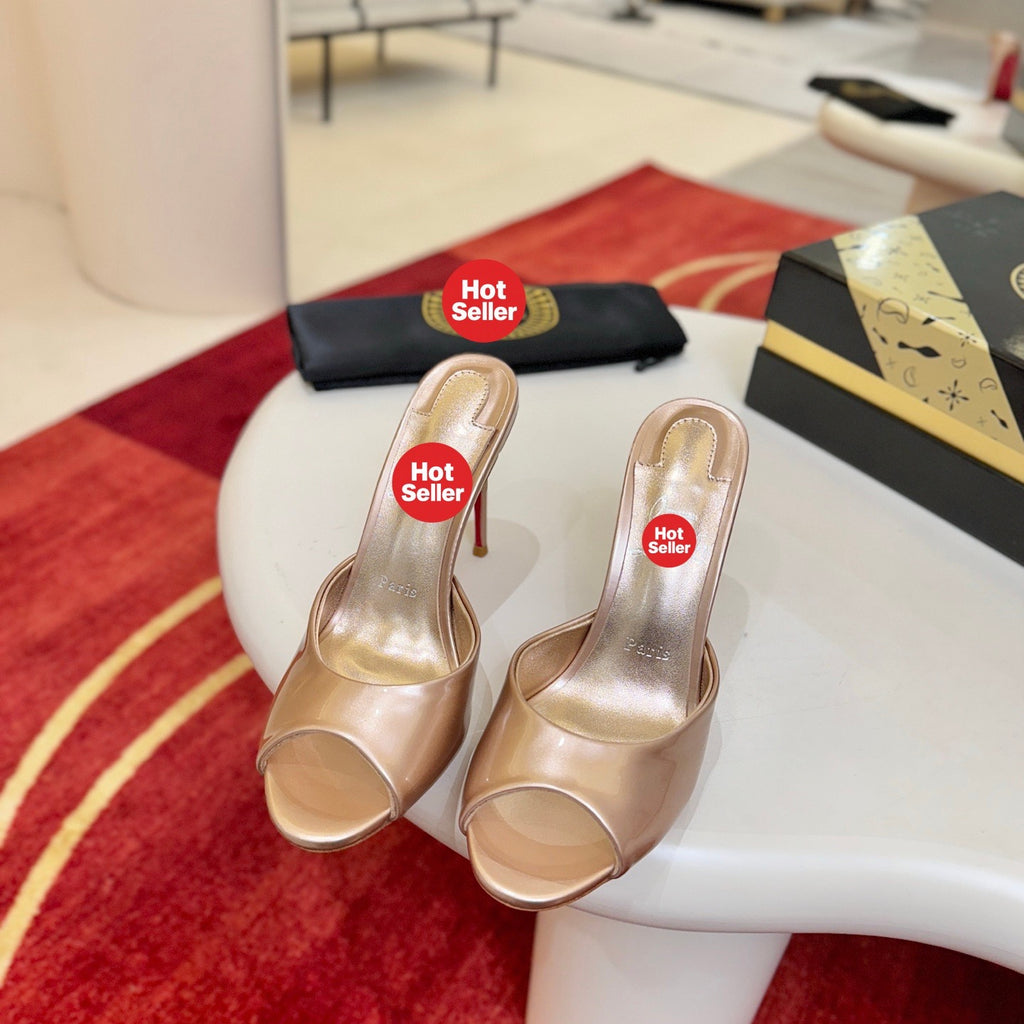 Peep-toe high-heeled mules, 10cm heel.