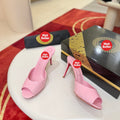 Pink patent leather peep-toe high-heeled mules, 10cm heel.