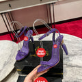 Purple lipstick and high heels with 10cm heels.