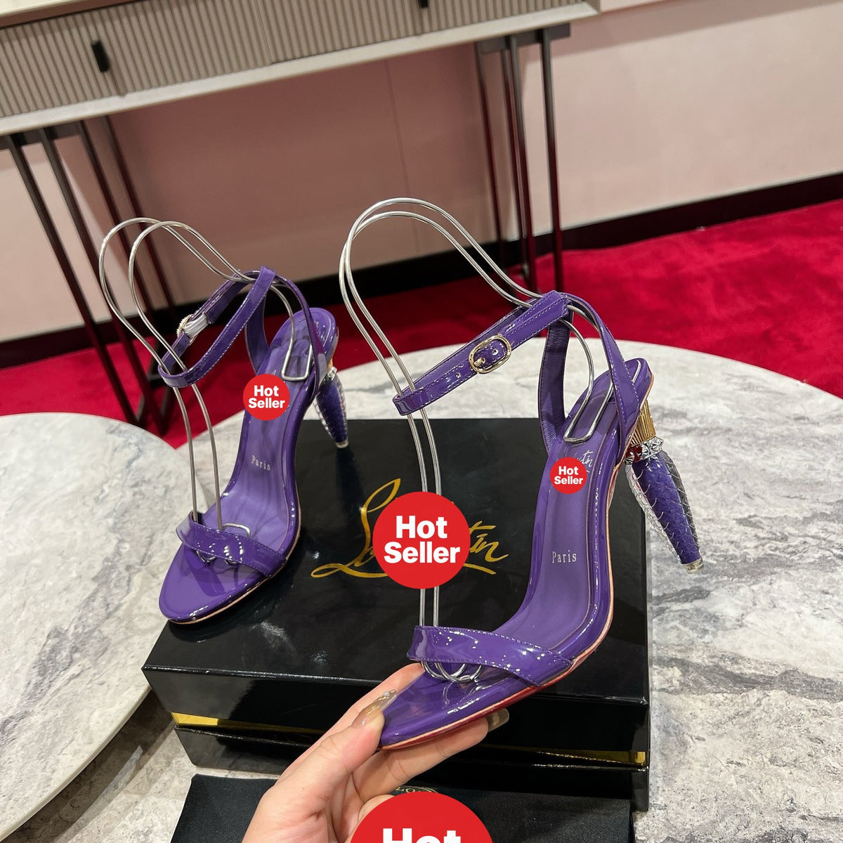 Purple lipstick and high heels with 10cm heels.
