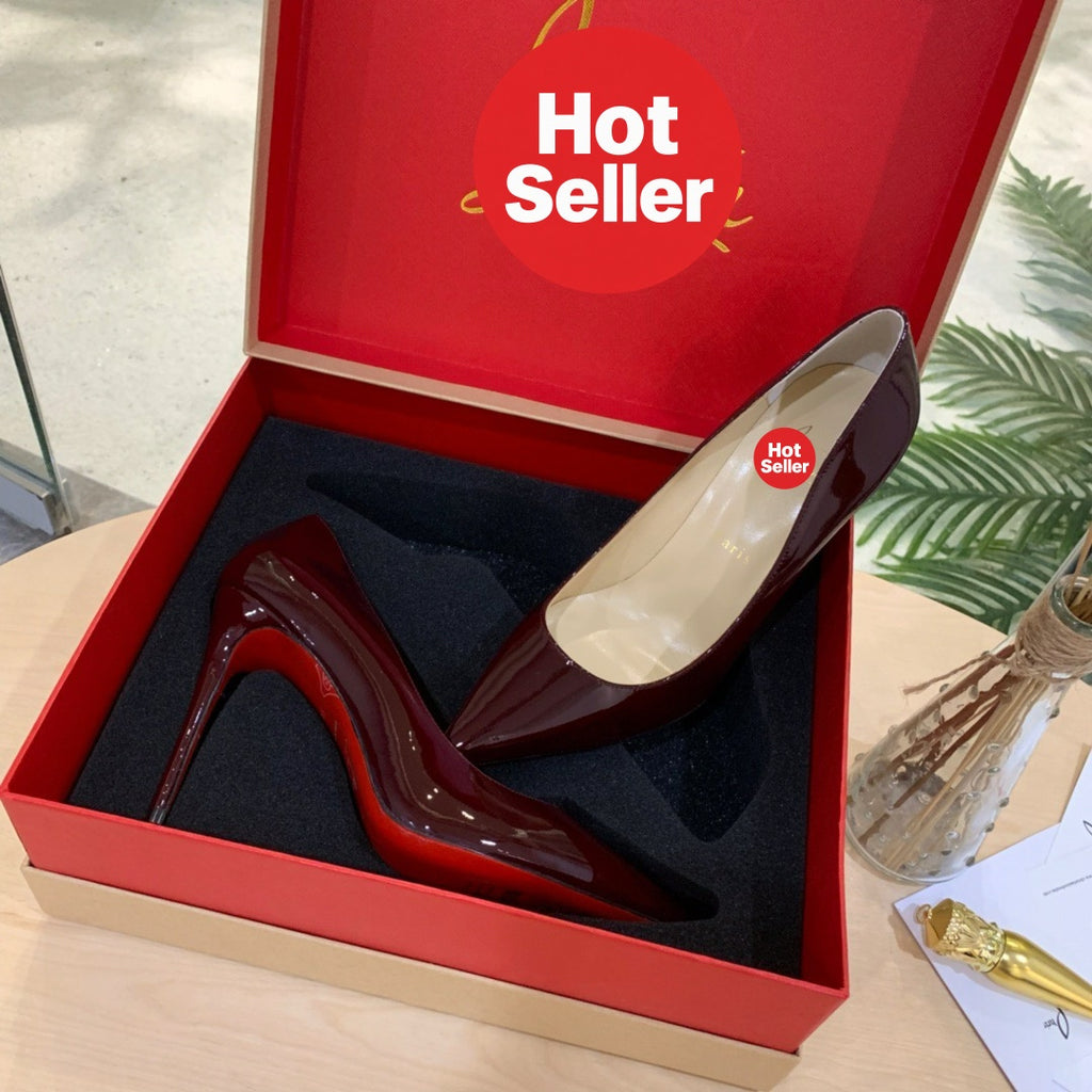 Burgundy patent leather high heels, 10cm heel.