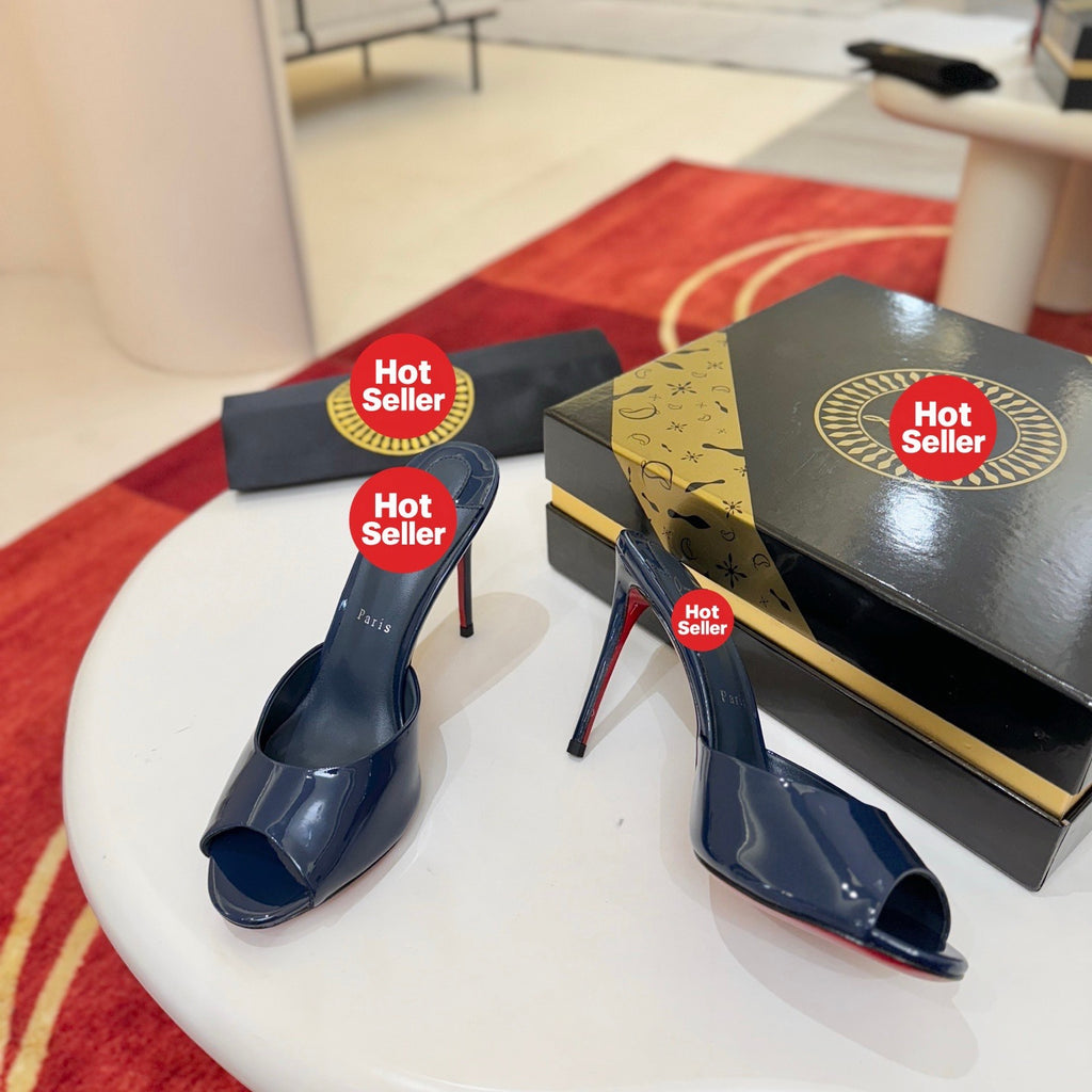 Deep blue patent leather peep-toe high-heeled mules, 10cm heel.