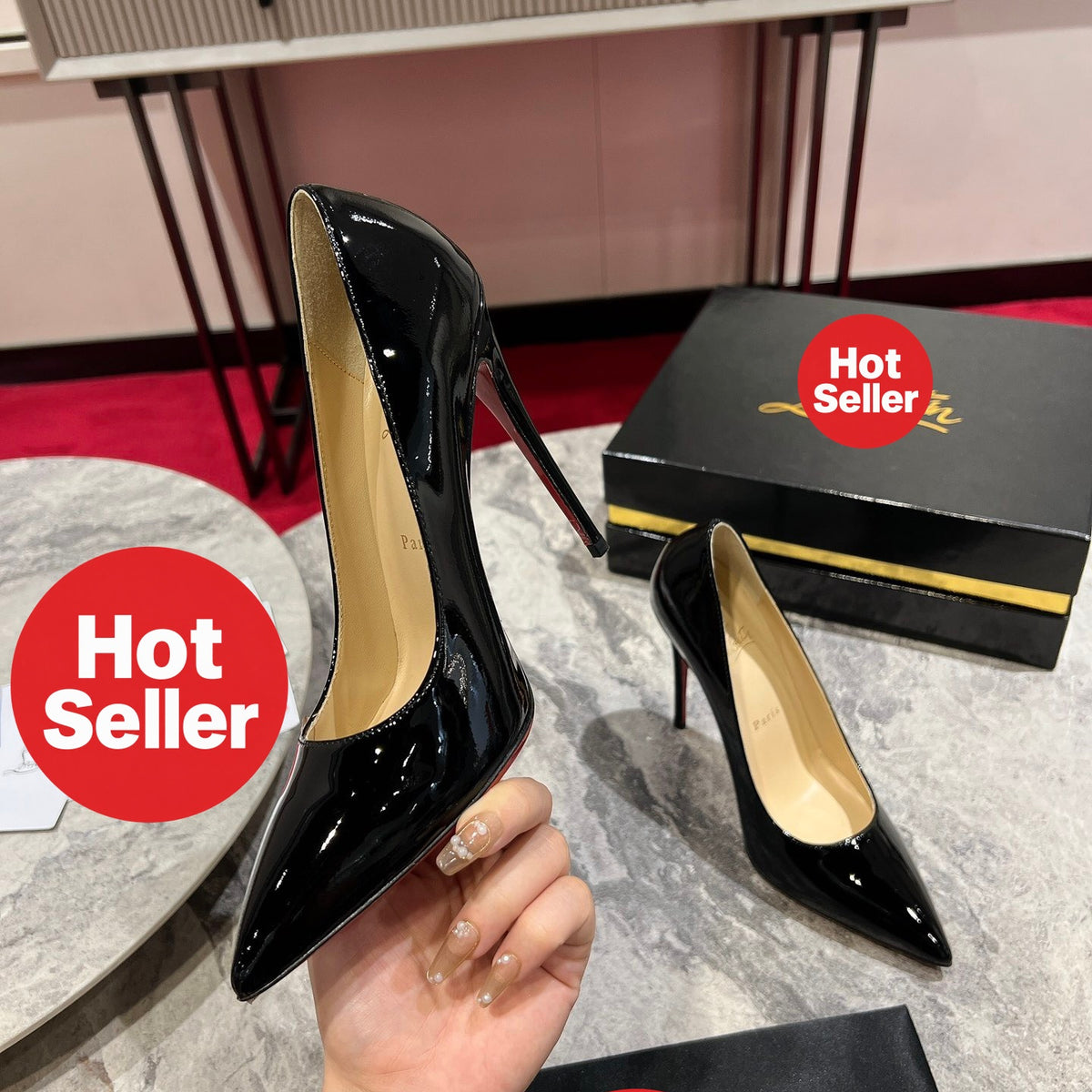 Black patent leather high heels, 12cm heel.