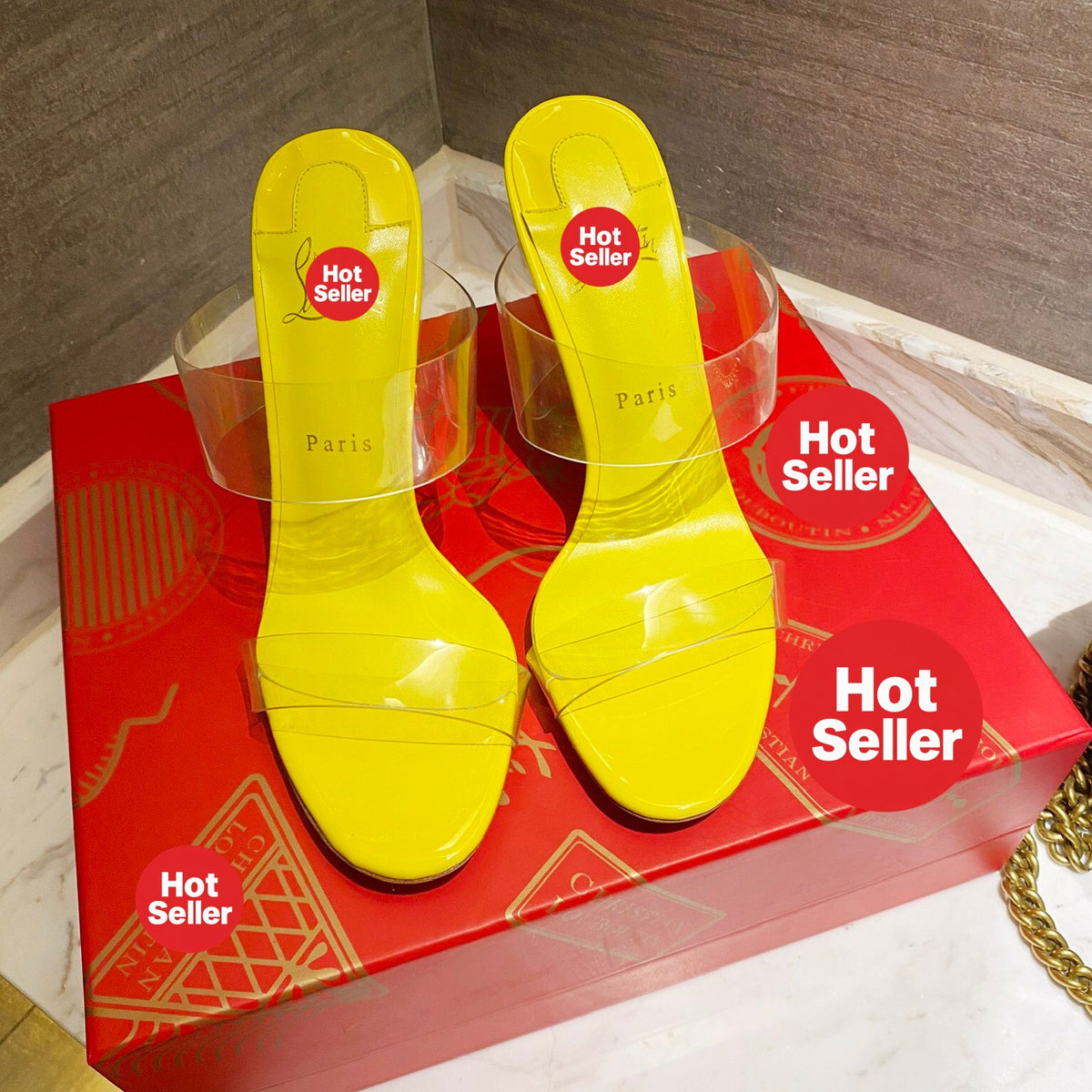 Yellow translucent high-heeled mules, 10cm heel.