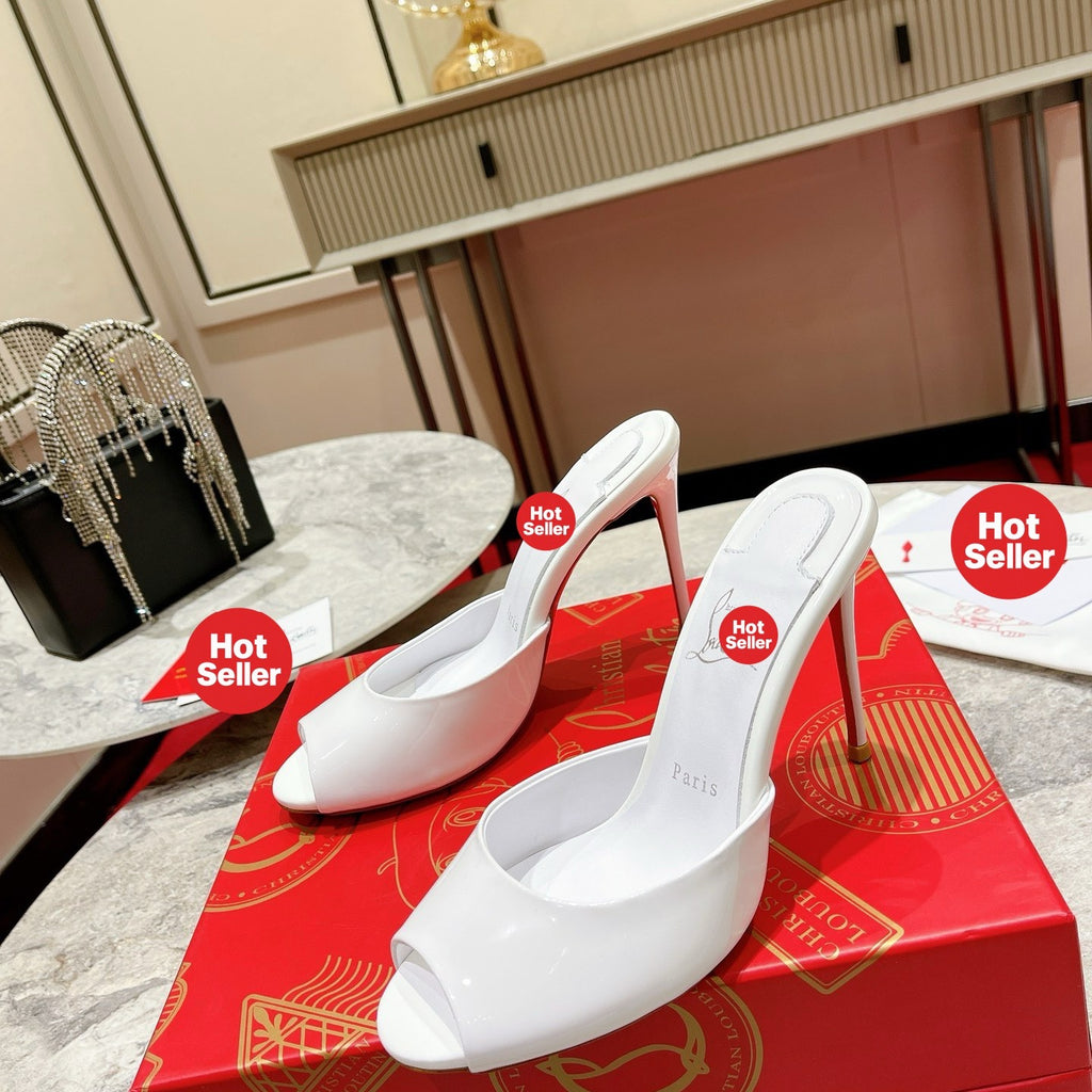 White patent leather peep-toe high-heeled mules, 10cm heel.