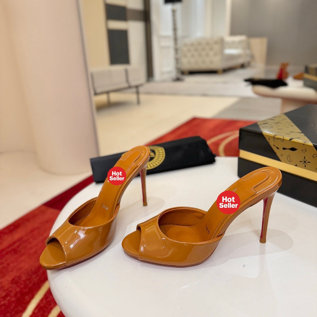Dark brown patent leather peep-toe high-heeled mules (10cm heel)