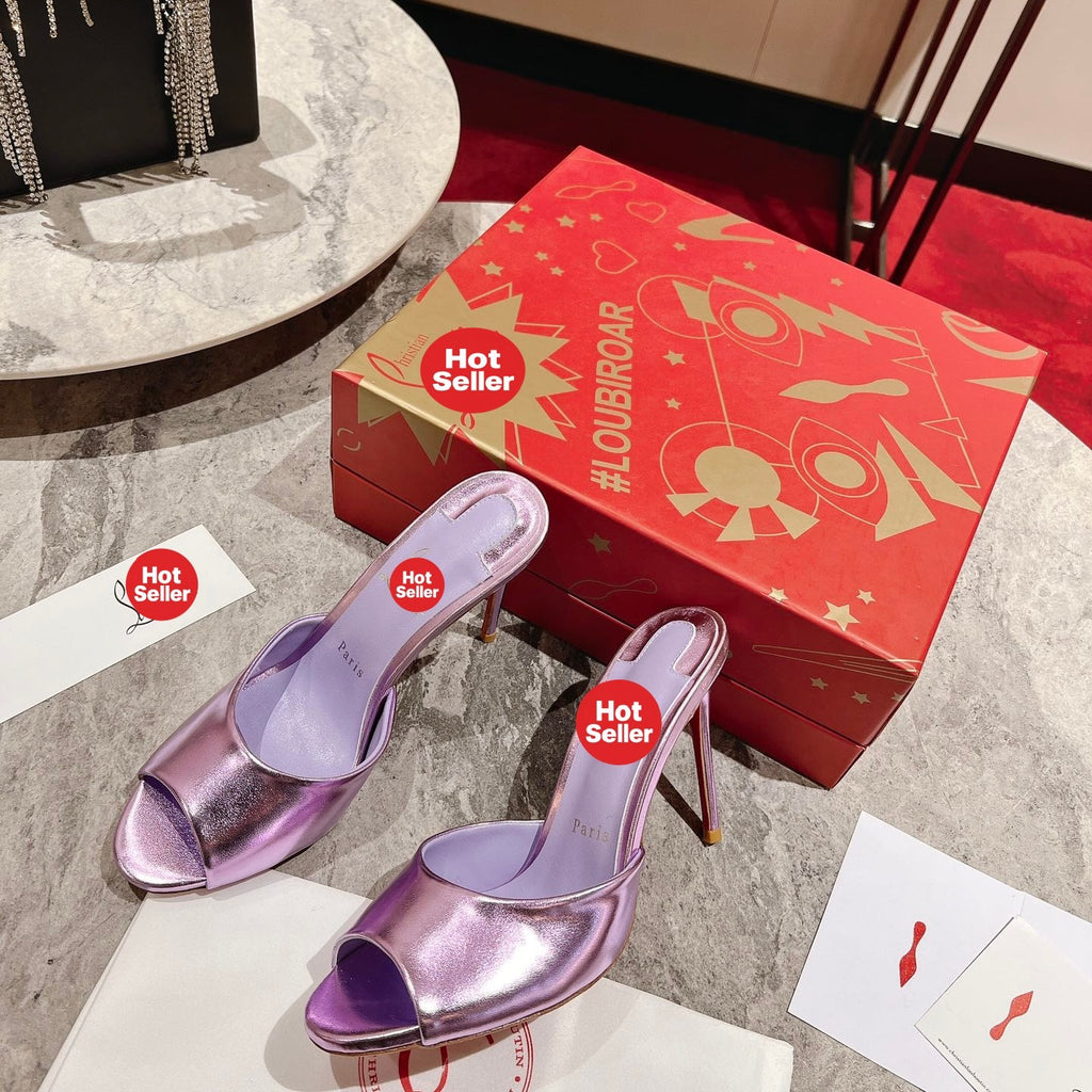 Purple peep-toe high-heeled mules