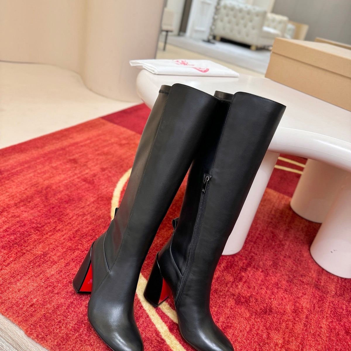 Premium black leather tall boots, 8.5cm heel.