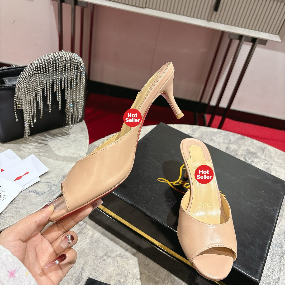 Apricot high-heeled mules, 8.5cm heel.
