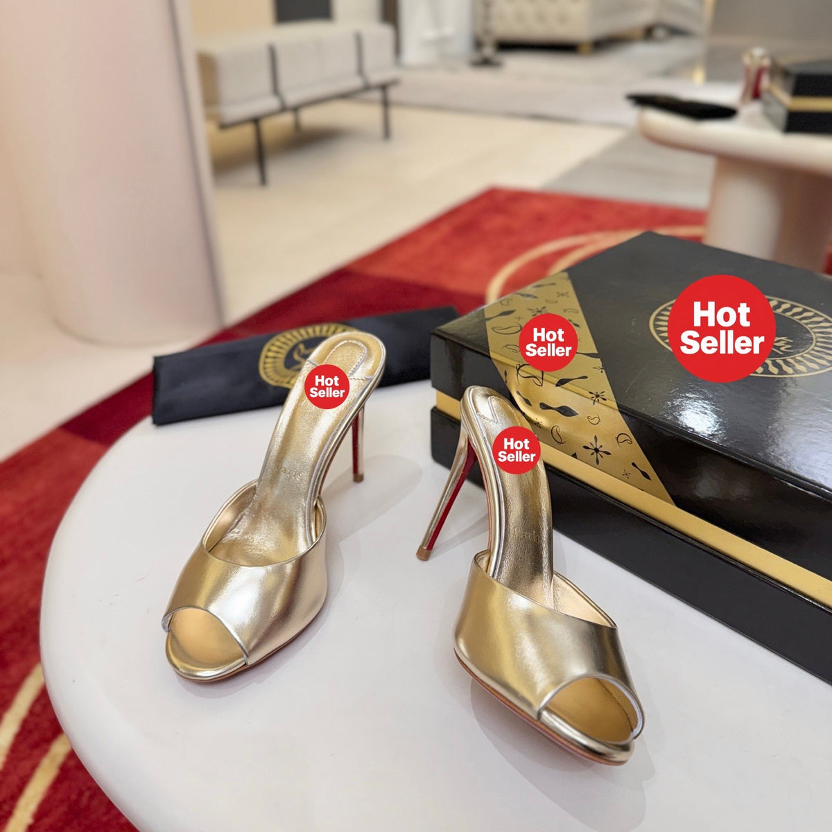 Peep-toe high-heeled mules, 10cm heel.